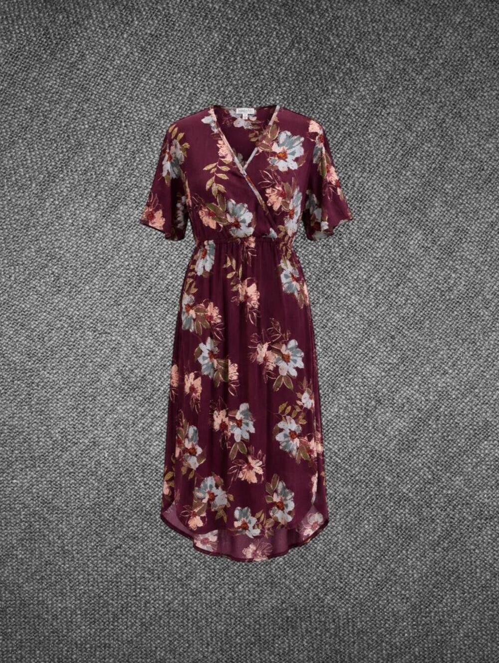 Patrons Of Peace Burgundy Floral Rayon Midi Dress Size Small